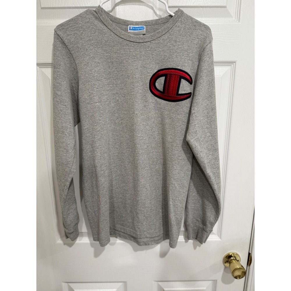 Champion Mens Long Sleeve T-Shirt Gray Big Chenille Logo Crew Neck Tee Medium